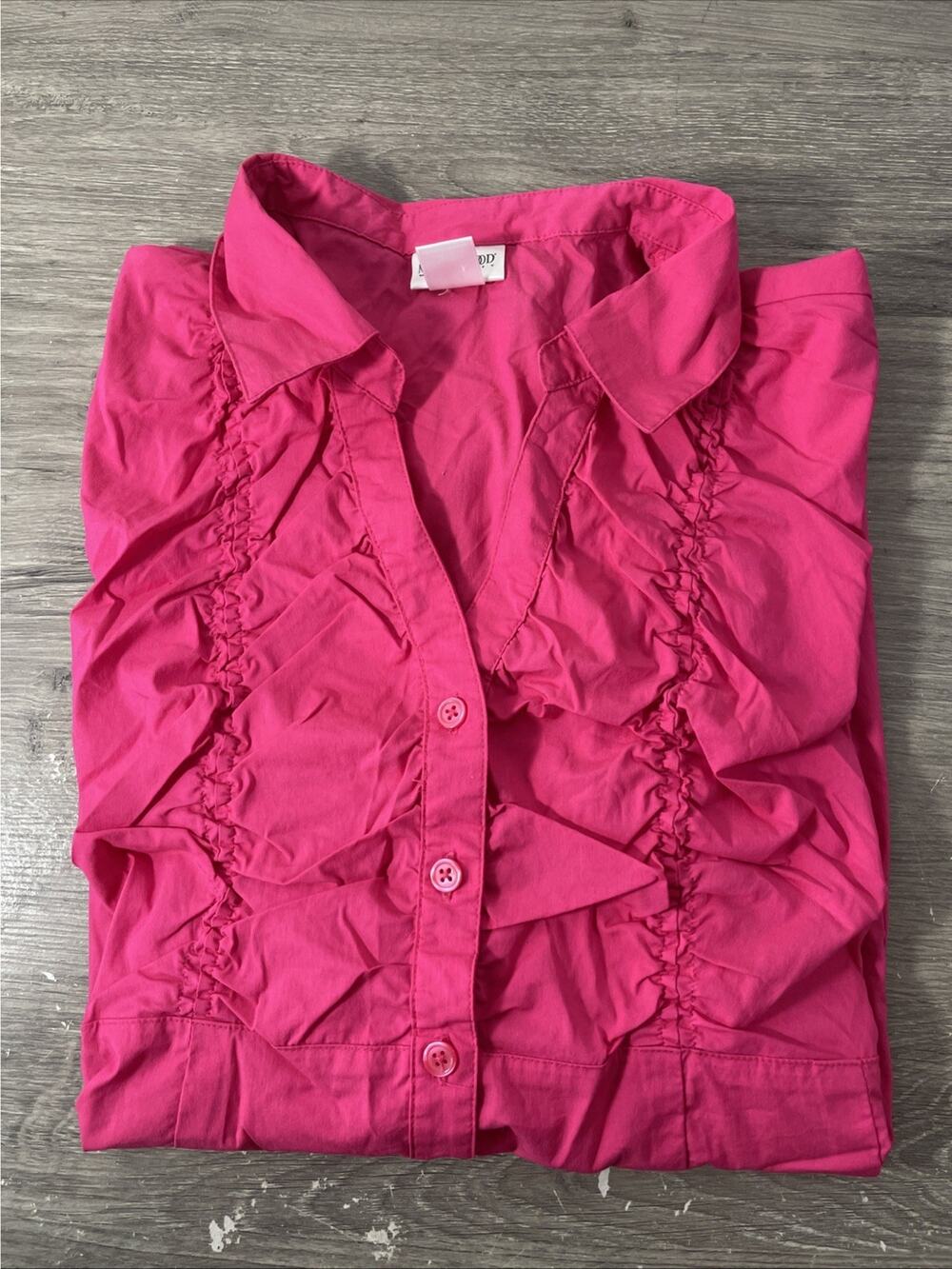 Motherhood Maternity Shirt Women's Size L Hot Pink Ruffle Front Button Up Blouse